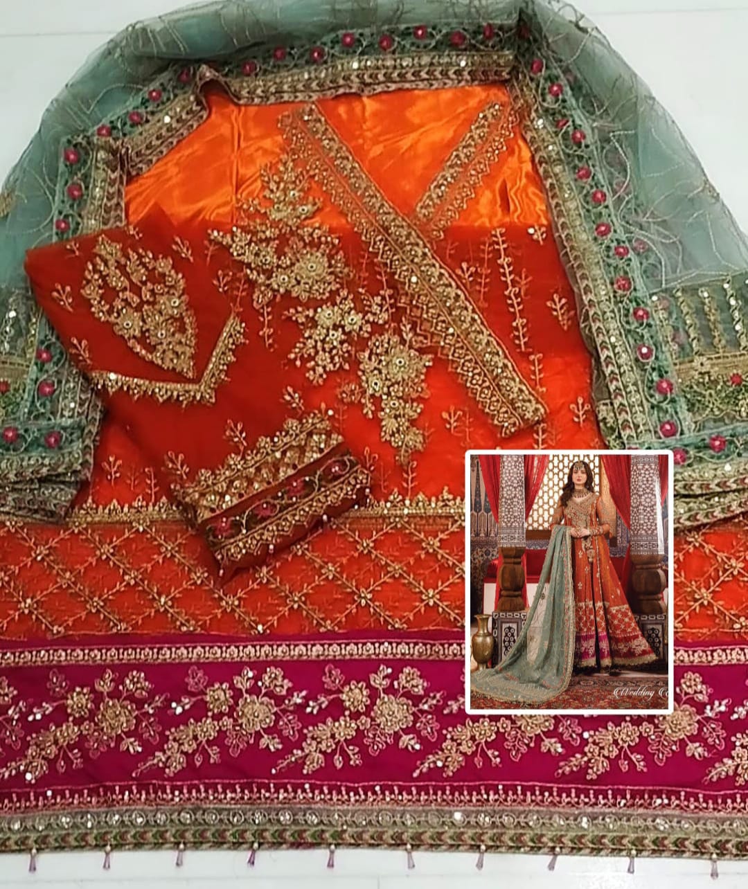 Maria B Net Bridal Maxi Burnt Orange, Fuchsia Pink (BD-2506)