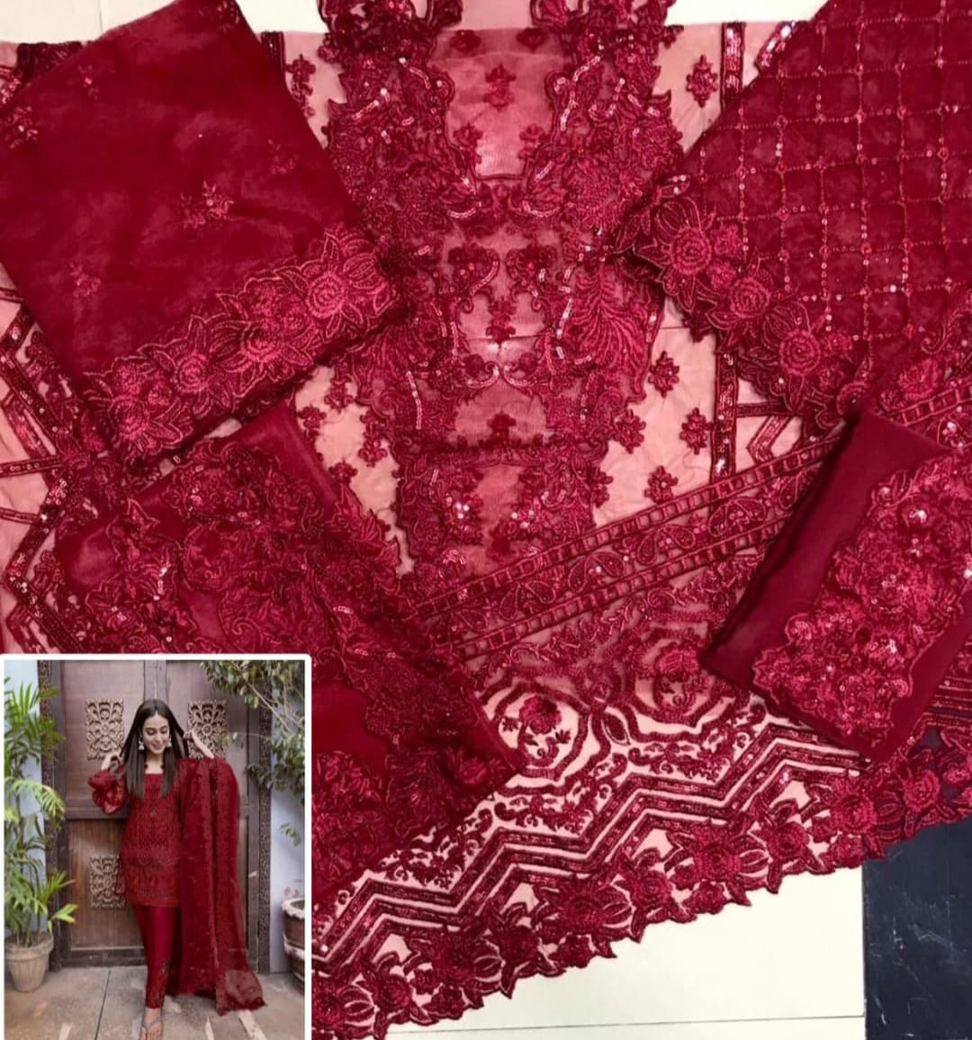 Zainab Chottani Mehroon Net Suit