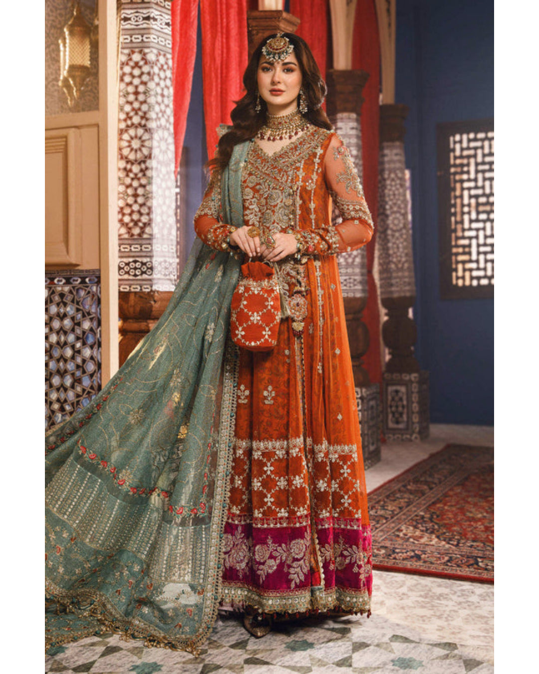 Maria B Net Bridal Maxi Burnt Orange, Fuchsia Pink (BD-2506)