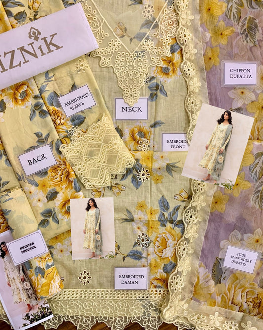 Iznik Yellow Lawn Chikankari Embroidered Suit